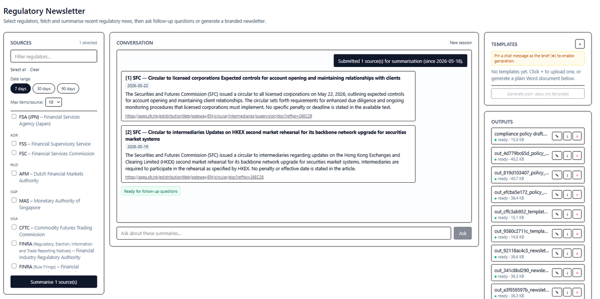 Regulatory Newsletter interface