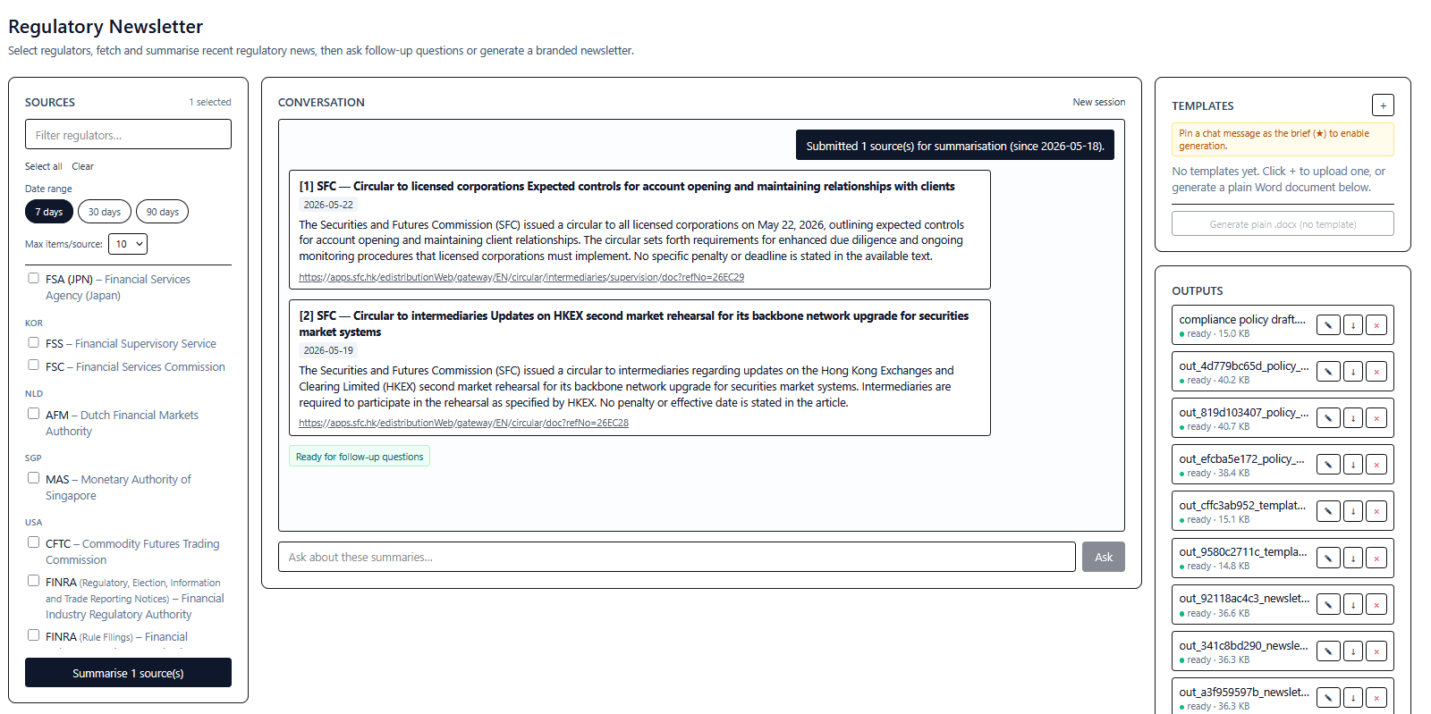 Regulatory Newsletter screenshot